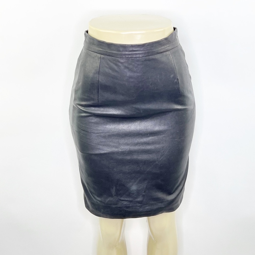 Vintage Ralph Lauren Purple Label Black 100% Leather Pencil Skirt